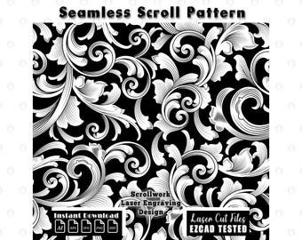 Scrollwork Seamless Pattern Laser Engraving Design | Filigree Baroque Acanthus Scroll Ornament Cut Files Vector