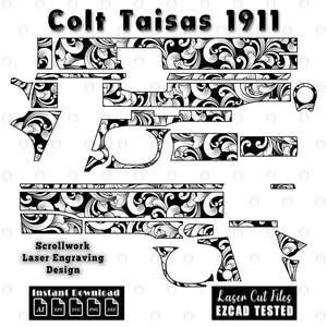 May include: Black and white scrollwork laser engraving design for a Colt Taisas 1911. The design includes various gun parts with intricate floral patterns. Text includes "Scrollwork Laser Engraving Design" and "Instant Download".
