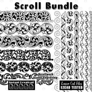 May include: A digital collection titled Scroll Bundle featuring black and white vector graphics of ornate scrollwork patterns, floral borders, and decorative flourishes. The image includes text labels such as Scrollwork Laser Engraving Design, Instant Download, and Laser Cut Files EZCAD TESTED.