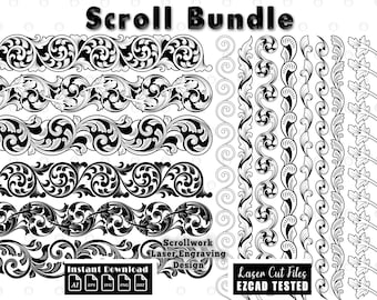 Scroll Bundle Laser Engraving File, Scrollwork Filigree Baroque Acanthus Ornaments Design, Vector Cut Files svg dxf