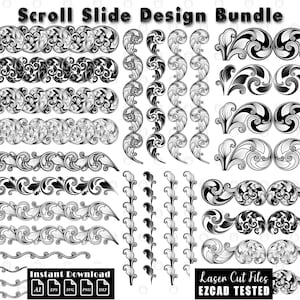 May include: A selection of black and white scroll slide design elements, including borders and decorative flourishes. The image features the text "Scroll Slide Design Bundle", "Instant Download", and "Laser Cut Files EZCAD TESTED".