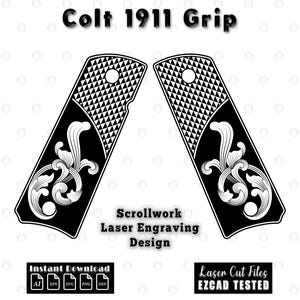 May include: Black Colt 1911 Grip with scrollwork laser engraving design. The grip features a geometric pattern at the top and ornate floral detailing. The image includes the text "Colt 1911 Grip", "Scrollwork Laser Engraving Design", and "Instant Download".