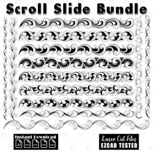 May include: A black and white scroll slide bundle with various ornamental designs. The image includes the text "Scroll Slide Bundle", "Instant Download", and "Laser Cut Files EZCAD TESTED". The designs are suitable for laser cutting and crafting projects.