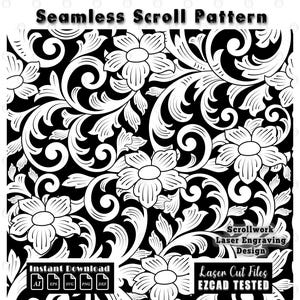 Könnte beinhalten: Ein nahtloses, schwarz-weißes Rankenmuster mit floralen Motiven und geschwungenen Linien. Der Text umfasst Seamless Scroll Pattern, Scrollwork Laser Engraving Design, Instant Download, AI, EPS, SVG, PNG, DXF, Laser Cut Files und EZCAD TESTED.