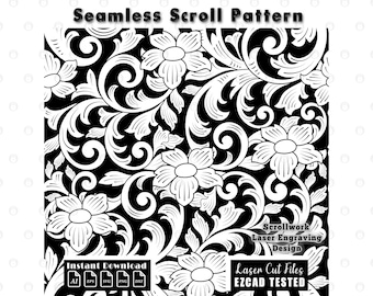 Scrollwork Seamless Pattern Laser Engraving Files, Baroque Acanthus Filigree Ornamental Scroll Vector Cutting Design