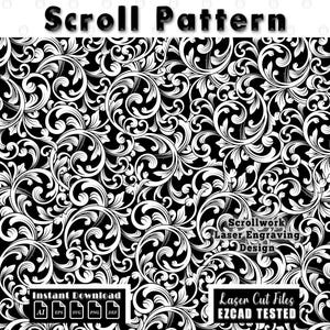 May include: A black and white scroll pattern design. The image shows a detailed floral scroll pattern with swirling leaves and vines. The words "Scroll Pattern" are at the top. The image also includes the words "Instant Download" and "Laser Cut Files".