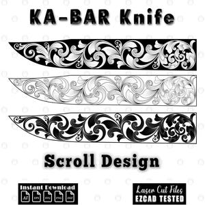 Puede incluir: Diseño de desplazamiento en blanco y negro para un cuchillo KA-BAR. La imagen muestra tres diseños de hojas de cuchillo con intrincados patrones florales. El texto "KA-BAR Knife" y "Scroll Design" se muestran arriba y abajo de las hojas. Incluye texto de "Descarga instantánea" y "Archivos de corte láser".