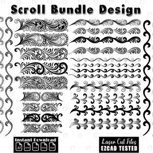May include: A collection of black and white scroll bundle designs. The designs include various ornate borders, swirls, and decorative elements. The image also includes the text "Scroll Bundle Design", "Instant Download", and "Laser Cut Files EZCAD TESTED".