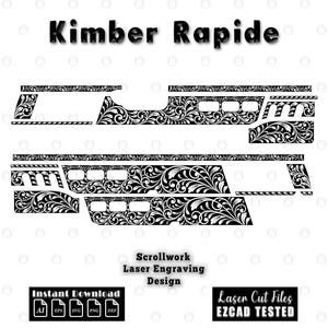 Könnte beinhalten: Eine schwarz-weiße digitale Grafikdatei mit dem Text Kimber Rapide, Scrollwork Laser Engraving Design, Instant Download und Laser Cut Files EZCAD TESTED. Das Design zeigt komplexe florale Rankenmuster für die Lasergravur.