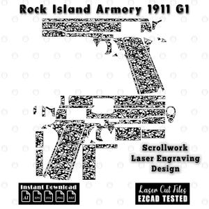 May include: Black and white laser engraving design of a Rock Island Armory 1911 G1 pistol. The design features scrollwork and is labeled "Scrollwork Laser Engraving Design." Includes "Instant Download" and "Laser Cut Files EZCAD TESTED" text.