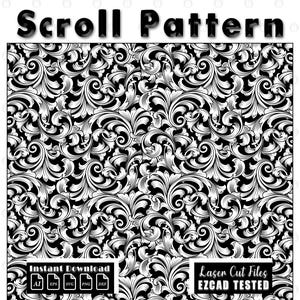 Könnte beinhalten: Schwarz-weißes Scroll-Muster-Design. Das Bild zeigt ein detailliertes, wirbelndes Blumenmuster mit dem Text "Scroll Pattern" oben. Der untere Teil des Bildes enthält den Text "Instant Download" und Dateityp-Symbole.