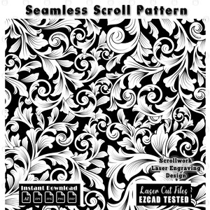 Puede incluir: Un patrón de volutas sin costuras en blanco y negro con motivos intrincados de hojas y enredaderas. La imagen incluye el texto Seamless Scroll Pattern, Scrollwork Laser Engraving Design, Instant Download y Laser Cut Files EZCAD TESTED.