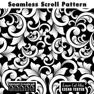 Puede incluir: Patrón de desplazamiento sin costuras en blanco y negro con diseños florales y de hojas arremolinadas. La imagen incluye el texto "Seamless Scroll Pattern", "Instant Download" y "Laser Cut Files EZCAD TESTED".