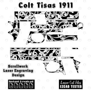 May include: Black and white scrollwork laser engraving design for a Colt Tisas 1911. The design includes the text "Colt Tisas 1911", "Scrollwork Laser Engraving Design", and "Instant Download". Also includes "Laser Cut Files EZCAD TESTED".