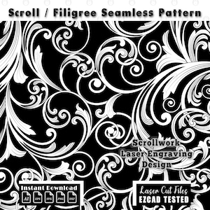 May include: A seamless pattern featuring white scroll and filigree designs on a black background. The image includes the text Scroll / Filigree Seamless Pattern, Scrollwork Laser Engraving Design, Instant Download, and Laser Cut Files EZCAD TESTED.