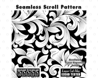 Scrollwork Filigree Seamless Pattern | Baroque Acanthus Laser Engraving svg dxf | Scroll Laser Cut Design