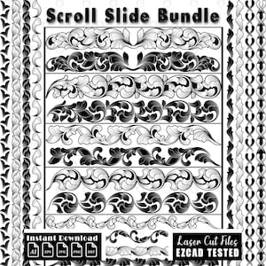 May include: A digital graphic collection titled Scroll Slide Bundle featuring black and white vector-style scrollwork borders and repeating patterns. The image displays various ornate floral flourishes and linear designs for laser cutting.