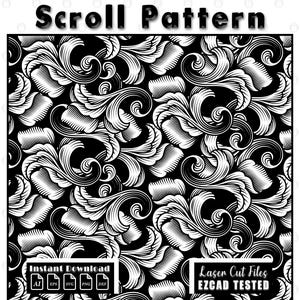 Può includere: Design a motivi a scorrimento in bianco e nero con il testo "Scroll Pattern" in alto. Il design presenta elementi floreali a vortice e forme a pettine. La parte inferiore dell'immagine include il testo "Instant Download" e "Laser Cut Files EZCAD TESTED".