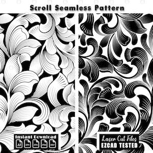 May include: A digital graphic featuring a black and white scroll seamless pattern with intricate swirling leaf motifs. The image includes the text Scroll Seamless Pattern, Instant Download, AI, EPS, SVG, PNG, DXF, Laser Cut Files, and EZCAD TESTED.
