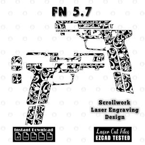 Puede incluir: Diseño en blanco y negro de volutas de una pistola FN 5.7. La imagen incluye el texto "FN 5.7", "Scrollwork Laser Engraving Design" y "Instant Download". El diseño está cortado con láser y probado con EZCAD.