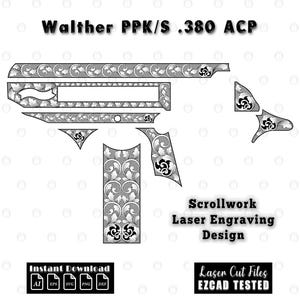 Puede incluir: Un diseño de grabado láser digital en blanco y negro para una Walther PPK/S .380 ACP, con intrincados patrones de volutas en varios componentes de armas de fuego. La imagen incluye el texto Walther PPK/S .380 ACP, Scrollwork Laser Engraving Design, Instant Download y Laser Cut Files EZCAD TESTED.