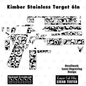 Puede incluir: Un archivo de diseño digital para una pistola Kimber Stainless Target 6in, con un patrón de volutas en blanco y negro. La imagen incluye varios contornos de componentes para grabado láser, con el texto Scrollwork Laser Engraving Design.