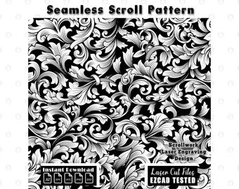 Scrollwork Seamless Pattern Laser Engraving Files, Baroque Acanthus Filigree Scroll SVG DXF Ornamental Vector