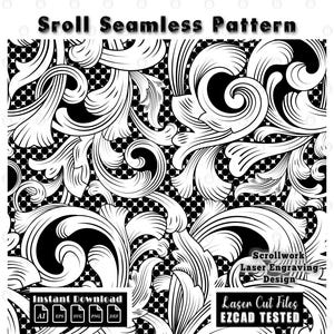 Puede incluir: Un gráfico digital en blanco y negro que presenta un Sroll Seamless Pattern con intrincados diseños de volutas sobre un fondo de puntos. La imagen incluye los textos Sroll Seamless Pattern, Scrollwork Laser Engraving Design, Instant Download y Laser Cut Files EZCAD TESTED.