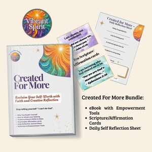 Paquete "Creado para Más" / Libro electrónico de autovaloración + Tarjetas de afirmaciones y lecturas bíblicas + Hoja de diario devocional / Cuaderno de ejercicios para la confianza basada en la fe
