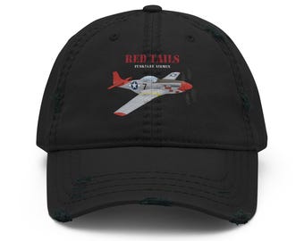 Red Tails P-51 Mustang Distressed Dad Hat – Tuskegee Airmen Vintage Aviation Cap for Warbird Enthusiasts