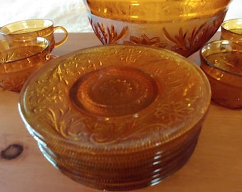 Amber Glass tea cups and saucers, Tiara vintage glass set, Daisy Bowl, Daisy Desert Tray, Amber Bowl