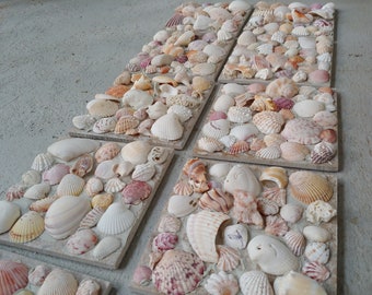 Coastal Decor, Shell Tiles, Fireplace Tiles, Sea Shells, Decorative Tiles, Beach Wedding Decor, Tabby, 6" x 6" Tumbled Stone