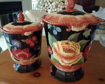 Floral Canister Set, Black Floral Canisters, Burgundy Coral Salmon Yellow Cream Blue Painted Flowers