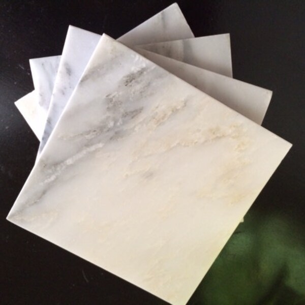 Posavasos de mármol de Carrara 4 "x 4" piedra, blanco, posavasos, posavasos, set de 2