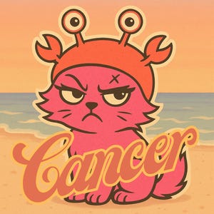 May include: A pink cartoon cat wearing a crab hat with an angry expression. The word "Cancer" is written in orange script across the bottom. The background shows a beach scene with a peach-colored sky and blue water.