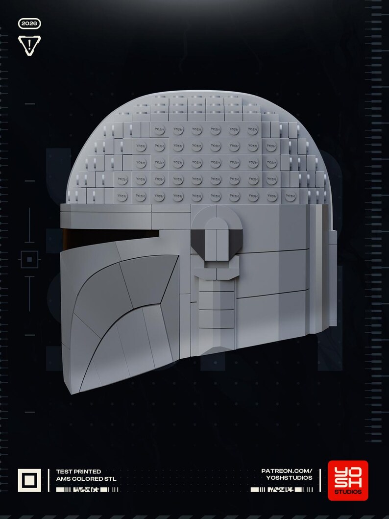 May include: A gray Mandalorian helmet constructed from interlocking blocks, with a visor and a rounded top. The image includes the text "TEST PRINTED AMS COLORED STL" and "PATREON.COM/YOSHSTUDIOS".