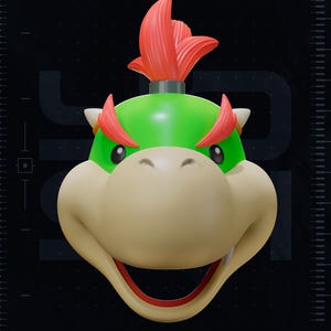 May include: A 3D-printed bust of Bowser Jr. featuring a bright green head, a tan snout, and spiky red hair. The character has a wide, open mouth, small white horns, and expressive eyes. Text at the bottom includes PATREON.COM/YOSHSTUDIOS and YOSH STUDIOS.