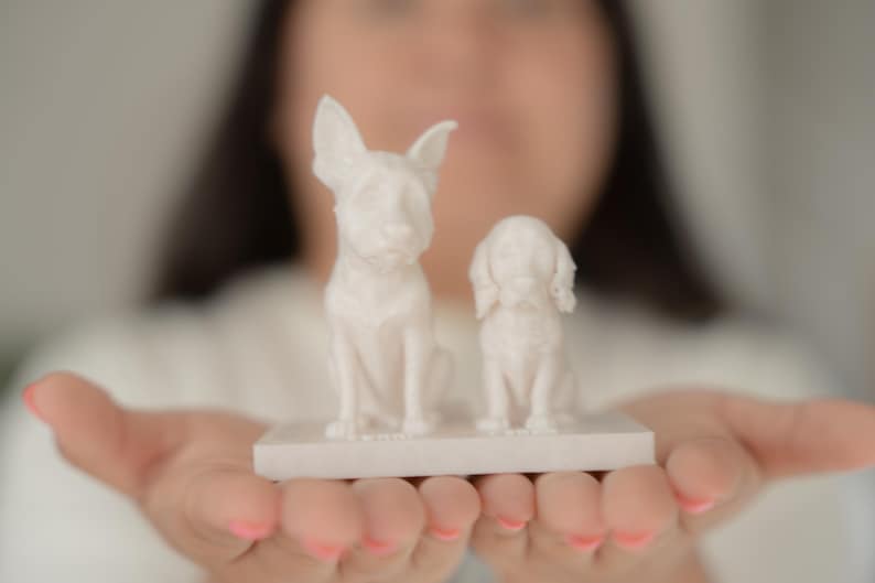 May include: Two small, white dog figurines sit on a white rectangular base. One dog has upright ears, and the other has floppy ears. The figurines are held in open hands, with a blurred background.