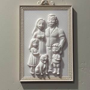 Familie 3D-reliëfsculptuur in cartoonstijl