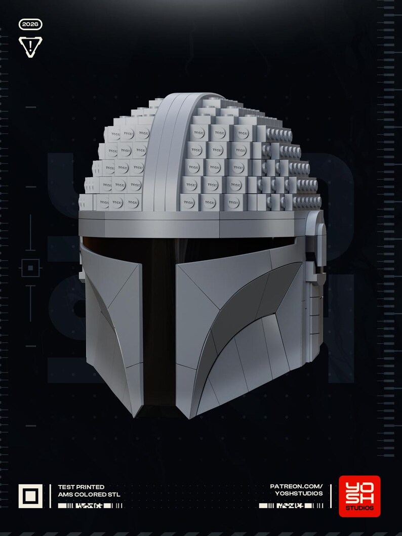 May include: A gray Mandalorian helmet constructed from stacked, square blocks, with a smooth, curved visor. The helmet's design is detailed, with visible seams and a textured surface. The image includes the text "2020" and "TEST PRINTED AMS COLORED STL".