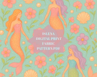 Mermaid Fabric Design Tropical Seamless Pattern (PDF Download, 10x10cm, Commercial Use OK*)
