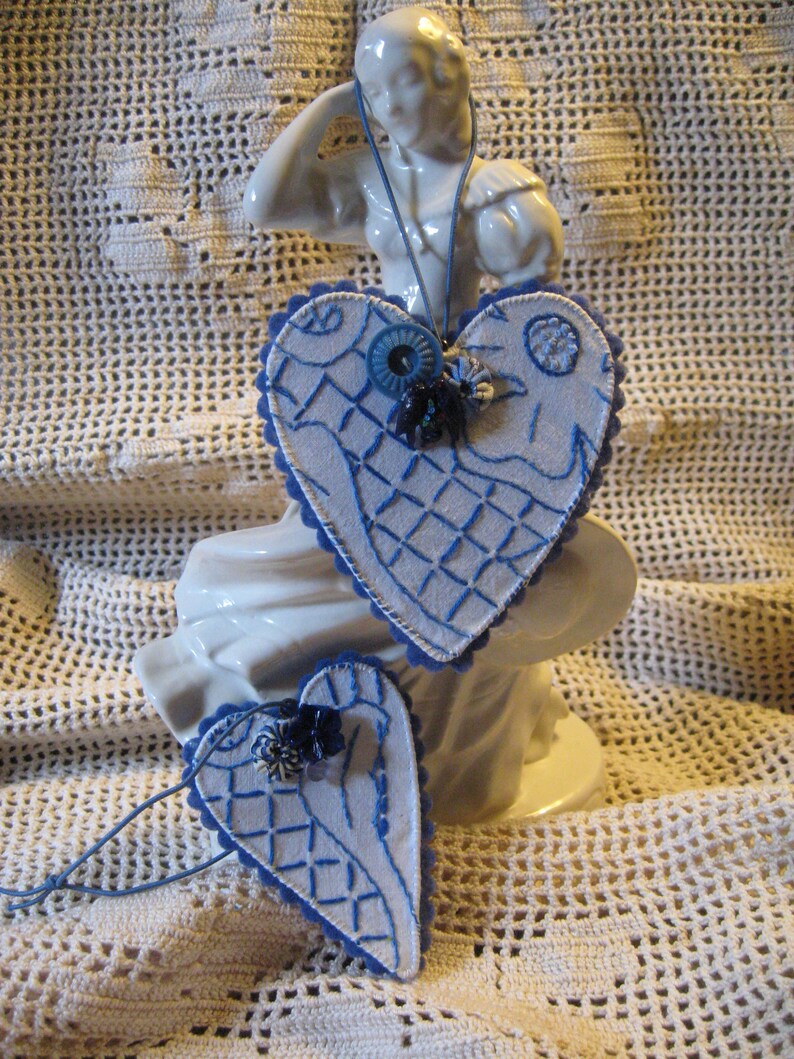 2 Heart Ornaments Small Wire Frame Hearts Vintage Blue Work Image 0