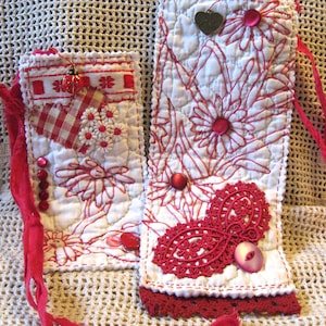 2 Quilt Tags/Mini Quilt Fiber Art/Small Quilt Collage/Hang Tag/Package Tie/Peg Rack Tag/Knob Hanger/Slow Stitch Tag/Junk Journal Supply