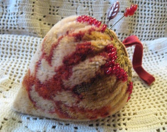 Strawberry Pincushion/ Vintage Mohair Fabric/Seed Beaded Strawberry Pin Cushion/Walnut Shells Sharpener Pincushion