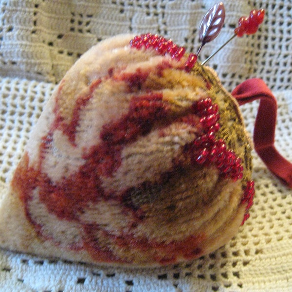 Strawberry Pincushion/ Vintage Mohair Fabric/Seed Beaded Strawberry Pin Cushion/Walnut Shells Sharpener Pincushion