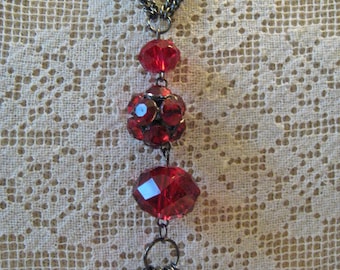 Long Tassel and Glass Crystals Necklace/Gun Metal Chains/Red Crystal Tassel/Handmade Jewelry