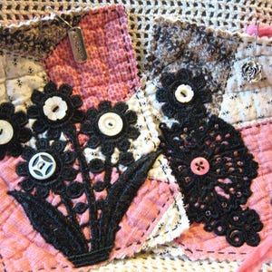 2 Quilt Tags/Mini Quilt Fiber Art/Small Quilt Collage/Hang Tag/Package Tie/Peg Rack Tag/Knob Hanger/Slow Stitch Tag/Junk Journal Supply