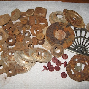 Rusty Found Objects /Crafting Lot/Nuts and Bolts/Art Assemblage/Rusty Fabric Supply/Garden Junk/Junk Drawer Lot