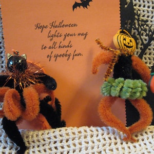 May include: Halloween-themed decorations featuring a black cat and a pumpkin-headed figure made of pipe cleaners. The cat has orange accents and a pumpkin, while the figure holds a pumpkin. The background includes a Halloween greeting.