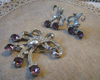 Vintage Rhinestone Brooch and Clip Earrings Set/ Silver Tone/ Purple and Clear Stones